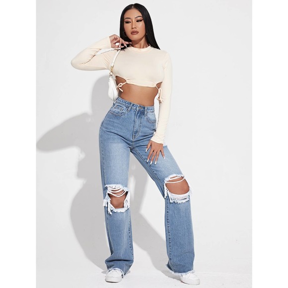 light wash Ripped Cutout Wide Leg Jeans - Picture 3 of 5